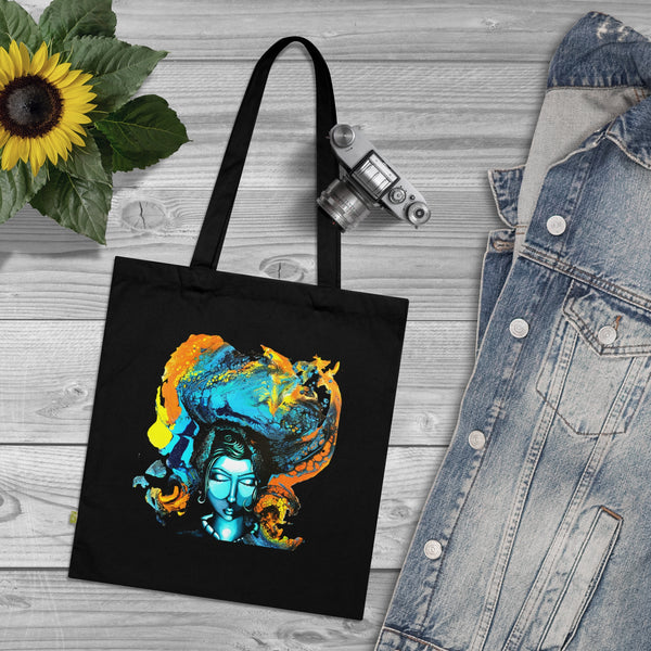 Bolso de tela Shiva Meditativo – Arte espiritual azul y naranja, algodón orgánico