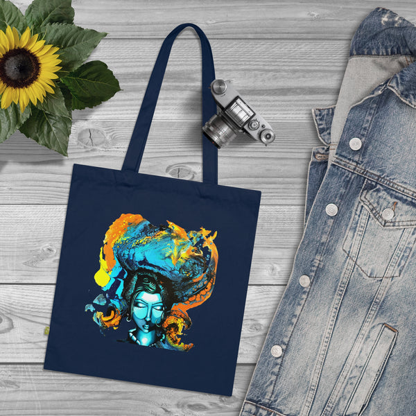 Bolso de tela Shiva Meditativo – Arte espiritual azul y naranja, algodón orgánico