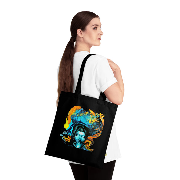 Bolso de tela Shiva Meditativo – Arte espiritual azul y naranja, algodón orgánico