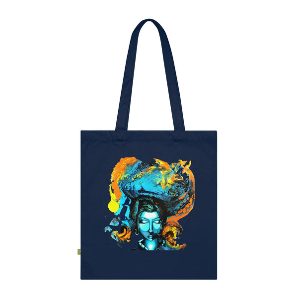 Bolso de tela Shiva Meditativo – Arte espiritual azul y naranja, algodón orgánico