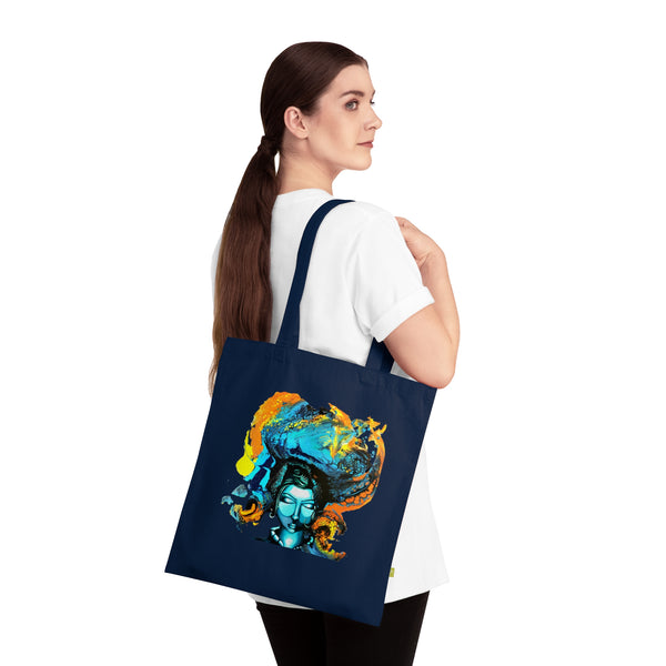 Bolso de tela Shiva Meditativo – Arte espiritual azul y naranja, algodón orgánico