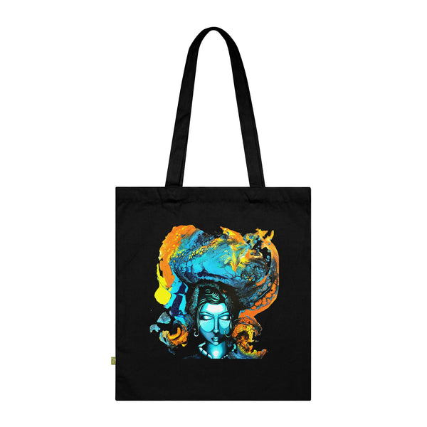 Bolso de tela Shiva Meditativo – Arte espiritual azul y naranja, algodón orgánico